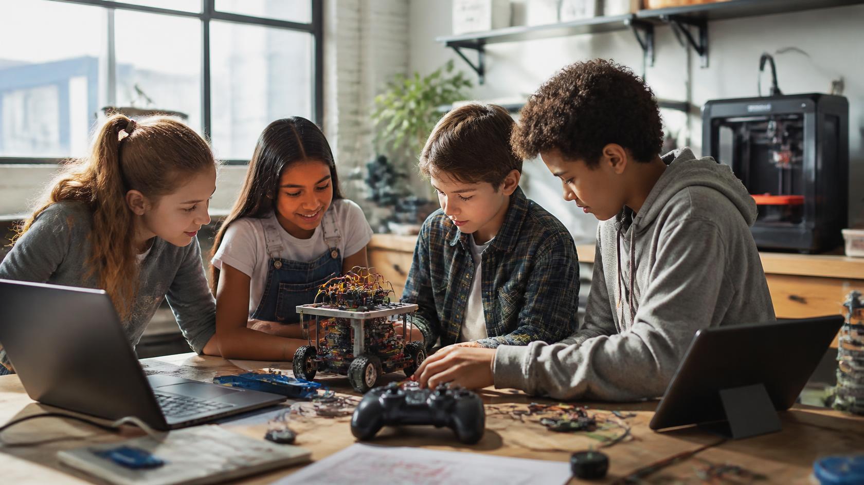 A group of students collaborating on a robotics project with a laptop and 3D printer in the background