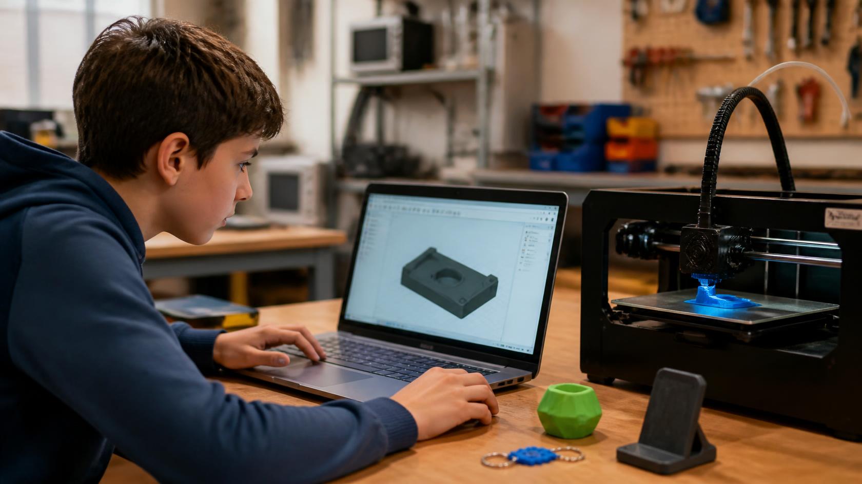 A student wearing safety glasses adjusting the print head on a 3D printer
